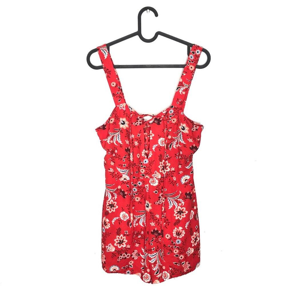 F21 Contemporary Red Floral Lace Up Tank Romper S